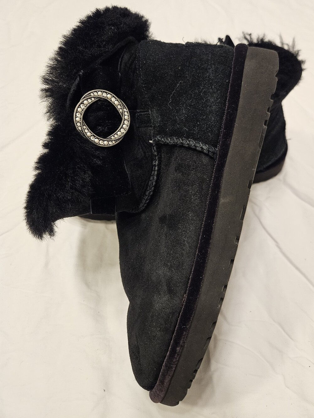 UGG Australia Karlie Brooch Black Suede Boots - Size 11 (No Insoles)